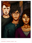 A color pencil illustration of the three main characters of the Harry Potter franchise: Harry portrayed as brown, Hermione as Black and Ron as white