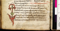 A tan parchment with Greek lettering in red and black. The parchment has an illustration on the left side of the text. A color bar is on the right side