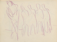 Abstract sketch of Wigman’s rehearsals in paper sketchbook, in which the figures are portrayed in lavender crayon. The group of five dancers leans toward the Wigman figure on the left, who is also the largest figure shown.
