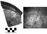 Fig. 53. On the right is the interior view of a fragment of a black-gloss plate. On the left is a zoomed-in view of linear scratches in the slip on the plate.