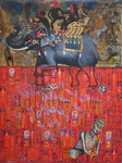 Artwork with figures on an elephant adorned in flowers and gold. The background is smoky and dark. The elephant’s husk pierces another figure. The lower 60 percent of the artwork is painted in brighter colors with another figure drawn in the lower right corner.