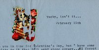 A colorful kitten sticker at the top of a letter from Elizabeth Bishop to Alice Methfessel with the typed words "Yucky, isn't it?" alongside.