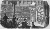 Spectators watch a performance on a large stage at Barnum’s Museum in New York.