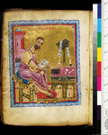 A tan parchment depicts a man reading a document while sitting on a chair. Some ornaments are placed on a table before the man. A color bar is placed on the right.