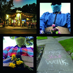 A collage of four colorful images showing a female figure (the author) walking, wearing an African-print bandana face mask, and carrying a purse around her waist. In the first image a clover flower is attached to the front of the purse. In the second image is the Washtenaw Diary Ice Cream shop, in Ann Arbor, with customers outside, wearing masks and socially distanced. In the third image appears the female figure walking with trefoil flowers attached to the front of her purse. The last image marks the end of the walk and shows a sidewalk with the sentence “Enjoy your walk” written on it, with white and red chalk.