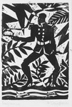 Wood block print of a silhouette of a man, Brutus Jones, with gun and abstract jungle foliage.