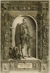 Engraving of François de Montmorency, full-length, standing in a niche surrounded by ornamental columns, wearing armor, his left hand on a sword, his right hand holding a baton, helmet at his feet.