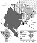 A radical cartographer, Philipe Rekacewicz, created a map in 2008 of the region of Sandžak which was occupied and divided by the new sates of Serbia and Montenegro after the First Balkan War in 1912 when the Ottoman Empire lost most of the lands it held in the Balkans. The visual bars on the map show crossover populations of Bosniaks, Serbs, Albanians and Montenegrins and density of each group in the twelve municipalities of the two states that are now considered as part of Sandzak.