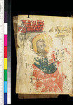 A tan parchment shows a painting of an old man, with a color bar on its right side.