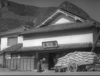 Two people greet one another in front of a building with a sign above the entrance that indicates that there is rice for sale, which is piled high in a cart in front of the building. The angle is low, which shows the entire building facade as well as a mountain in the background.