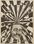 A man's grinning head. The outline of his body sits above, against a radiating geometric background. Caption: Frères, il nous faut rire!