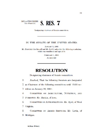 View PDF (632 KB), titled "S. Res. 7 – Resolution appointing Republican committee chairs"