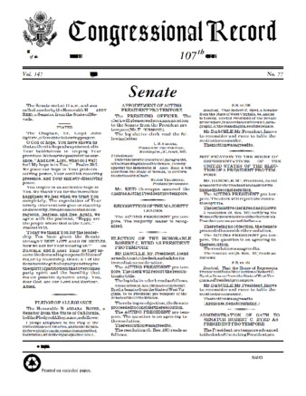 View PDF (3.27 MB), titled "Congressional Record June 6, 2001 – 1st day of Democratic Majority"