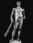 A larger-than-life-size bronze statue of a standing Hercules. He is nude and has a club turned to the ground with his right hand, whereas he carries the three apples of the Hesperides in his left hand. The surface is covered with gilding.