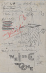 Rough graphite sketch portraying a revue dancer as simple shapes in layers of translucent tulle, topless, with lines spiraling out of her chest. German handwriting throughout the page declares this is “White Week” and details of the ballet. One line of writing in red crayon strikes through the center of the page.