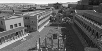 Virtual 3D reconstruction of the Forum Romanum and surrounding monuments viewed from its western end.