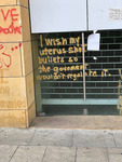 Graffitied in yellow on a black tiled wall in Beirut are the words: “I wish my uterus shot bullets so the government wouldn’t regulate it.”