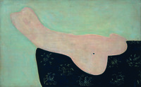 Painting of a nude woman model without facial detail, stretched out on a black decorated tapestry.