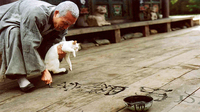 A squatting man paints calligraphy on floorboards with a white cat's tail, seen from the left side.