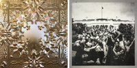 At left: an album cover with ornate golden shapes. At right: an album cover depicting young Black men and boys celebrating over a dead white politician in front of the White House.