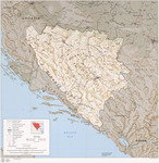 A map which shows the borders and relief of the country of Bosnia and Herzegovina with its immediate neighbors, while it also locates Sandzak, a region with significant population of Bosniaks now divided between Serbia and Montenegro. This map of Bosnia shows how country is protruding into the “belly of Croatia” and how the mountain range of the Dinaric Alps blocks it from the coast of the Adriatic Sea with a small sliver of territory which reaches the sea around the town of Neum, next to Dubrovnik. The map shows also region of Herzegovina located in the south western part of the country next to littoral Croatia and Montenegro.