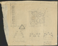 This sketch, the reverse side of Scene design for act 2 periaktoi, Tales of Hoffmann (Eisenstein), shows the measurements of the periaktoi along with several views from above of the periaktoi configurations. According to this drawing, the configuration in Scene design for act 2 wings, Tales of Hoffmann (Eisenstein) was to be used when the guests first entered.