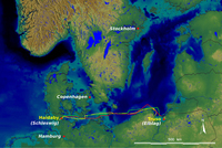 Ottar 2004 route (yellow line) and GIS modeled routes. Most probable spread path from Schlei Fjord to Gdansk generated by the GRASS 6 anisotropic wildfire spreading module is shown in red. The green line traces the best least cost path generated in ArcView 3.1.