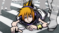 Picture of a young boy with spikey orange hair and headphones waking up at a busy intersection.