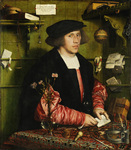 Sixteenth-­century portrait of a London merchant, George Giese, shown among his tools of trade.