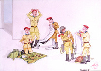 Five soldiers try out their new German uniforms, incorrectly depicted as the tropical type, while still wearing the red berets and blue shirts issued to the Spanish volunteers (1946). Spanish Army Museum, Madrid.
