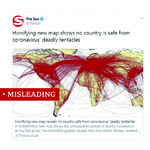 World map of arcing red flight paths labeled “horrifying new map shows no country is safe from coronavirus’ deadly tentacles.”