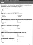 English language version of the Bosniak Identity Research Survey Questionnaire booklet generated specifically for this study with a focus on topics relating to the participants’ perceptions about their group and Bosniak identity. The 14-page booklet begins with the heading and an explanation of the purpose of the study, confidentiality protocols, and the researcher’s contact information. Each of the following pages of the questionnaire relates to different aspects of Bosnian Muslim groupness. The booklet ends with questions about the participant’s demographic information. The survey was designed to collect the maximum amount of information about the group, however, the discussion and data description provided in the book is limited only to the questions used for this inquiry.