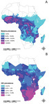 Two maps of Africa display the spatial distribution of malaria and HIV.