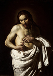 This image is a color painting of Jesus Christ wearing white robes below his naked torso. He stands looking out at the audience, pulling apart with his hands a bleeding wound in his right side.
