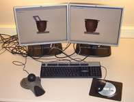 System setup showing the spaceball on the left (non-dominant hand) and the mouse on the right (dominant hand).