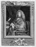 Jean-Baptiste Poquelin de Molière. This is an eighteenth-century engraving by the royal engraver Jacques-Firmin Beauvarlet based on a seventeenth-century portrait painted by Sébastien Bourdon. It was published by Jean-Baptiste Mailly in 1774 Bibliothèque Nationale, Département des Estampes, N3, vol. 62. The depiction of Molière as a writer is a visual motif that appears only in post-humous portraits, yet had become standard by the mid-eighteenth century.