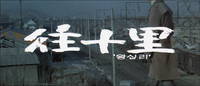 A dominant line of white calligraphy is centered above subordinate white characters in a second line. The calligraphy is superimposed on an establishing shot of the city. In the foreground is a man in a trench coat overlooking it.