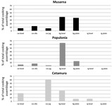 Fig. 41. Bar graph comparing the quantities of different serving vessels at each site. Black-gloss bowls are the most numerous at Musarna and Populonia, followed at both sites by black-gloss plates. At Cetamura common-ware jugs are the most numerous, followed by black-gloss bowls.