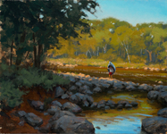 An oil painting of a figure portaging a canoe.