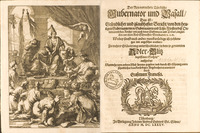 An illustration on the left half shows a woman, representing the Ottoman Empire, sitting on a kneeling camel. Kneeling men present her with gifts including coins and a sheep. The right half is the title page in black lettering. Publisher’s emblem at the bottom: stylized initials on a book, framed by a wreath.