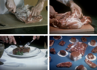 Top left: Hand holding a large piece of meat down on a counter, while other hand holds a knife and slices into the meat. Top right: Hand holding a large piece of meat, while another hand cuts into the meat with a knife. Bottom left: Hands using silverware to slice into a steak dinner. Bottom right: An assortment of cuts of meat, some on top of white dollies, laying on top of a blue surface.