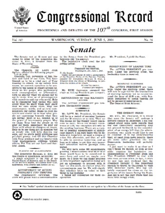 View PDF (1.56 MB), titled "Congressional Record June 5, 2001 – 1st day after recess"