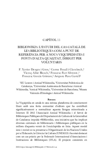 View PDF (379 KB), titled "BIBLIOWIKIS: L’ESTUDI DEL CAS CATALÀ DE LES BIBLIOTEQUES COM A PUNT DE REFERÈNCIA PER A NOUS VIQUIPEDISTES I FONTS D’ALTA QUALITAT, DIRIGIT PER VOLUNTARIS"