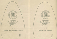 Paper pattern outlining soles of two slightly different pointed shoes, stamped with a seal from the Paris Expo 1855 and the Méliès logo.