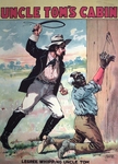 A white man holds a whip above his head about to strike an older Black man, who is tied up to a wall, kneeling, and looking fearful.