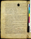 A tan parchment with Greek lettering in black, with a color bar at the right side. The page has a hole on its top.