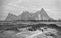 A black and white drawing of colonists and horses traveling across a vast landscape of hills and grassland. Mountains rise in the distance under a faintly clouded sky.
