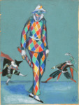 Harlequin stands in the foreground, slapstick in hand, in diamond-patterned motley, while two other figures dance in the background.