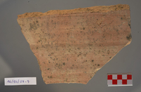 Fig 10: Ostraka 2 inscribed on convex side only, parallel with the throwing marks. Salts precipitated in the top right quadrant, while black fungal spots cover the sherd throughout. Script is semicursive.