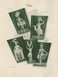 A theater program page, with five images featuring revue dancers with airplanes, Shell Gas logos, and oil cans emblazoned on their costumes—some of these objects make up their hats. These images are positioned on the page with two at the top and three at the bottom, all set at angles with zigzag patterns sketched behind them in a light grey tone.